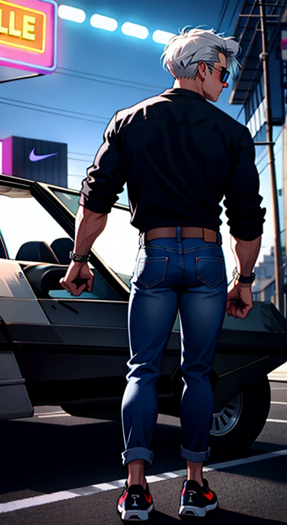 Full body muscular Marty Mcfly color drawning high-definition, using Nike Air MAG Back to the Future, holding a dumbbell, Perfect nose, wearing Aviator Style Sunglasses, using jeans pants, next to show silver Delorean car with perfect details from the movie " back to the future", Venice Beach city background, inside the neon circle, high definition.