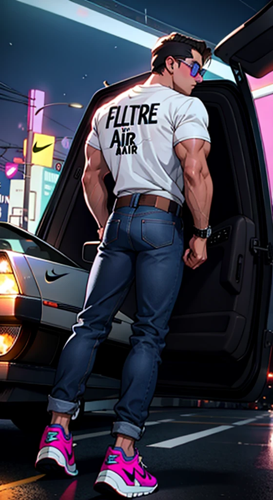 Full body muscular Marty Mcfly color drawning high-definition, using Nike Air MAG Back to the Future, holding a dumbbell, Perfect nose, wearing Aviator Style Sunglasses, using jeans pants, next to show silver Delorean car with perfect details from the movie " back to the future", Venice Beach city background, inside the neon circle, high definition.