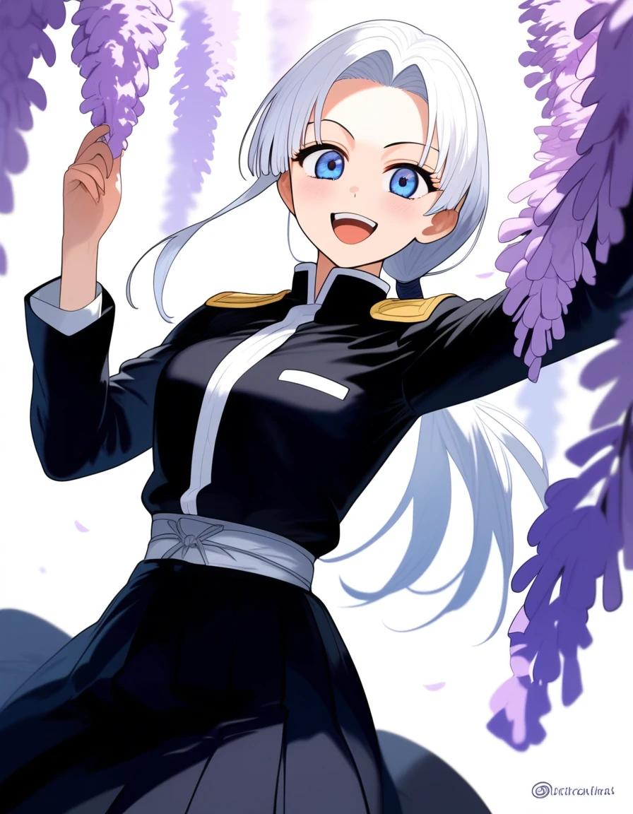 (Manga Demon slayer) a girl with white hair, blue eyes,Demon Slayer uniform, Her uniform was a skirt,a low-cut shirt, and a white haori with black lines, he had a big smile,I was greeting someone, It was in a place with many wisteria trees.*