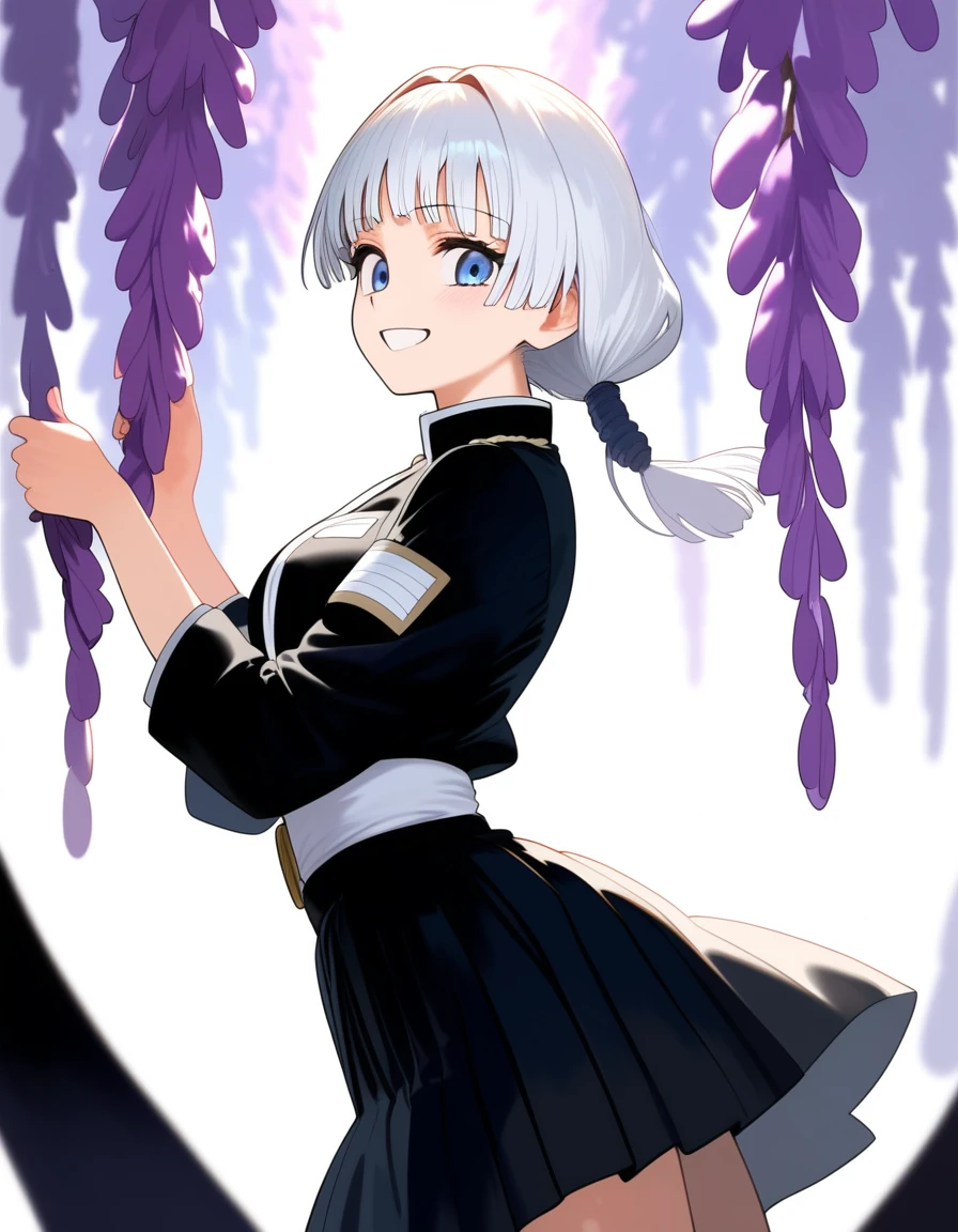 (Manga Demon slayer) a girl with white hair, blue eyes,Demon Slayer uniform, Her uniform was a skirt,a low-cut shirt, and a white haori with black lines, he had a big smile,I was greeting someone, It was in a place with many wisteria trees.*