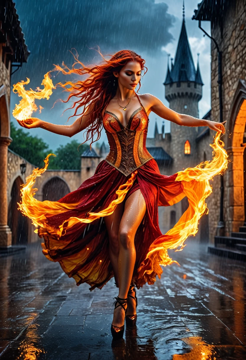 a sorceress of fire making fire dance in a the (storm of rain: 1.3), a most exquisite beautiful sorceress, controlling fire manipulating fire, a woman, dynamic hair color, dynamic hair style, (most beautiful face: 1.3), (ultra detailed face: 1.2), wet hair, wet face, dynamic eyes color, full body shot, wearing dress made of fire, wearing intricate high heels, light make up, dancing in courtyard of a fantasy castle background, ((heavy rain drops: 1.1)), clouds in the sky, (anatomically correct: 1.4), (full body shot: 1.1) , vibrant, Ultra-high resolution, High Contrast, (masterpiece:1.5), highest quality, Best aesthetics), best details, best quality, highres, ultra wide angle, 16k, [ultra detailed], masterpiece, best quality, (extremely detailed),