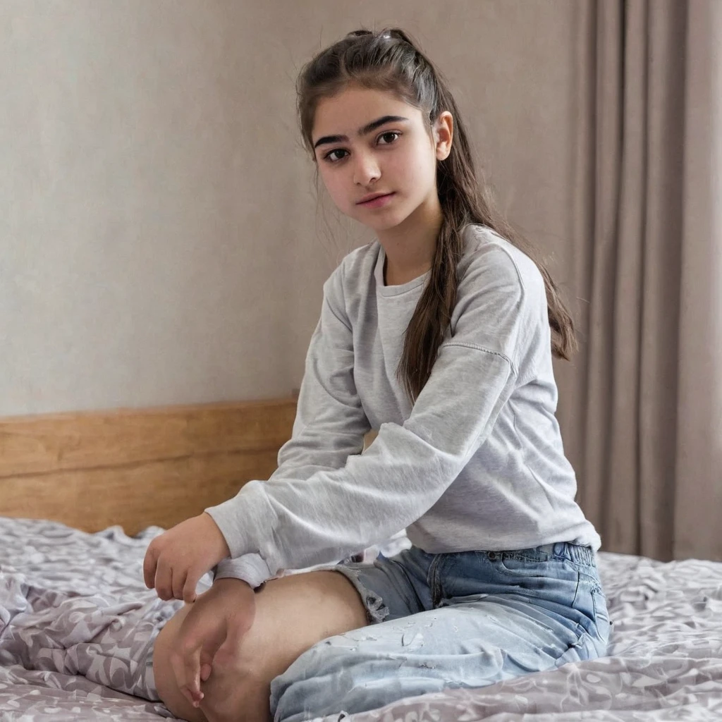 Ponytail hair Kurdish teen with sitting on bed tin body Short