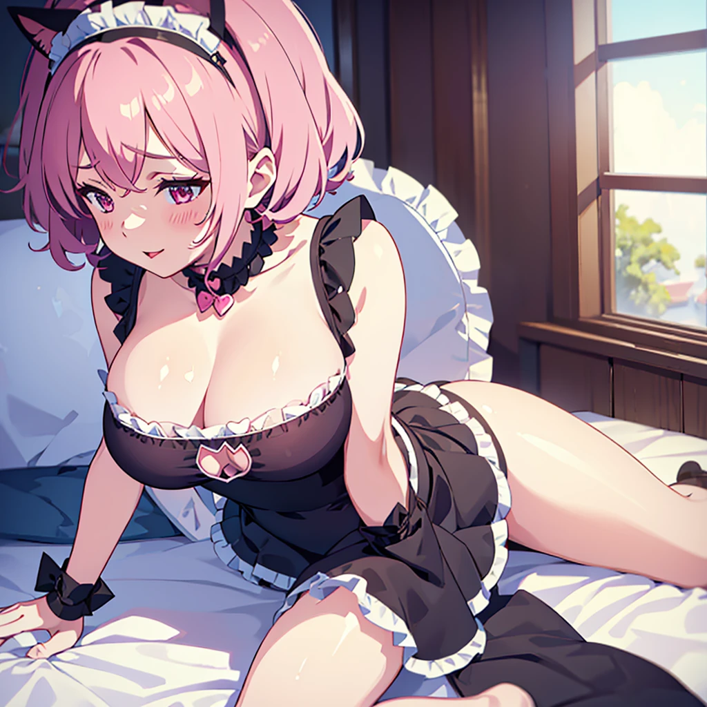 ((masterpiece)), ((best quality:1.2)), ((highly detailed)), (original), ((delicate background)), ((extremely detailed 8K wallpaper)), sweet, depth of field, fantasy,
BREAK
((1girl)), ((solo)), cute girl, anime waifu girl, 20 years old, shiny skin,
BREAK
maid, ((classic maid dress)), ((wearing edgcatlingerie)), cat cutout, cleavage cutout, lots of frills, ((huge breasts)),
BREAK
curly hair, faint pink hair, short hair,
BREAK
((heart-shaped eyes)), pink eyes, tongue out, blush, sweating,
BREAK
full body shot, ((on the bed)),