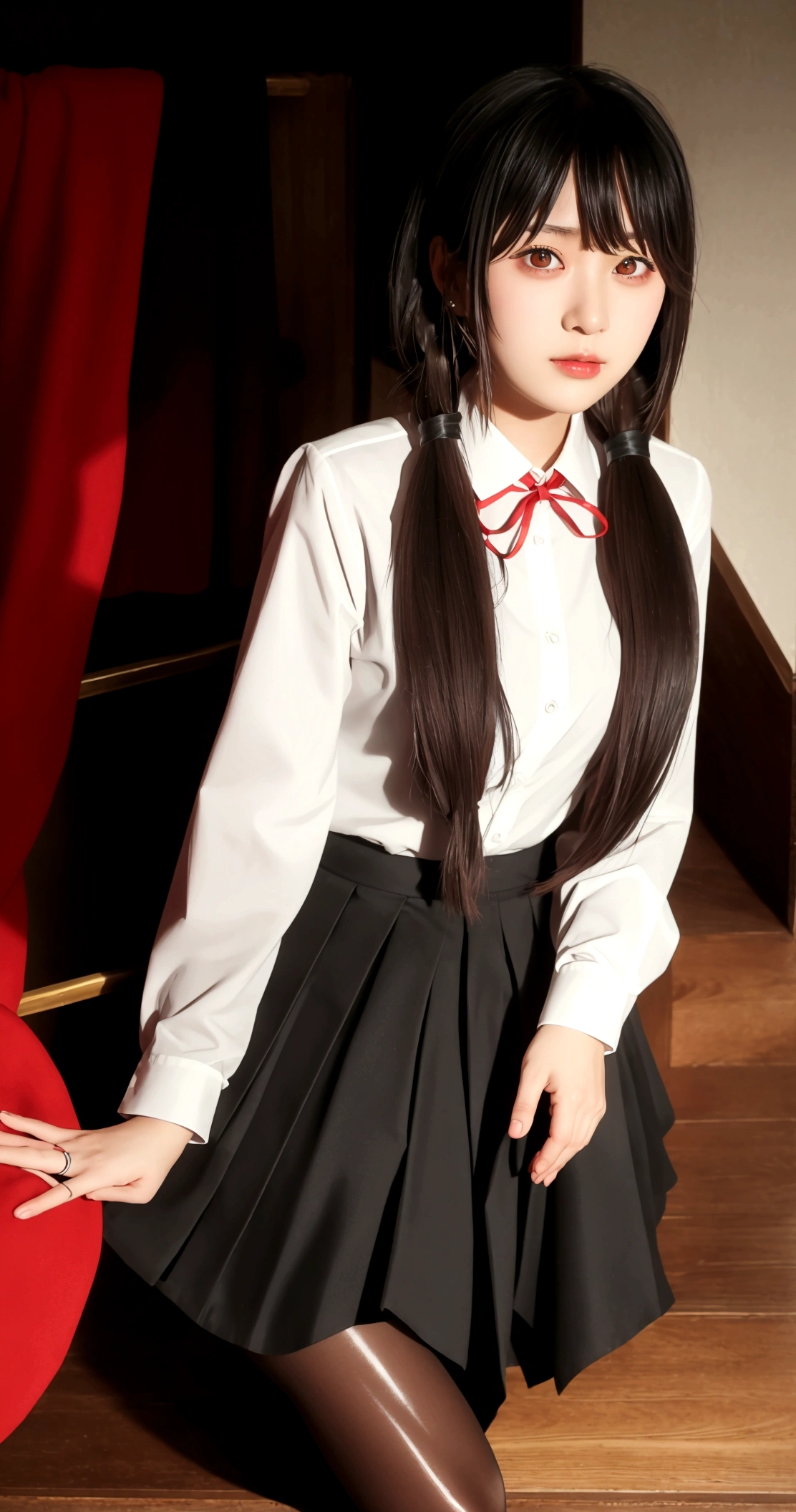 ultra-detailed,highly detailed,best quality,masterpiece,illustration,realistic, photo,photorealistic,
1girl, tokisaki kurumi,cosplay,hair over one eye, looking at viewer, happy girl,low twintails,
, blazer, collared shirt, neck ribbon, pleated skirt, pantyhose, hair rings, loafers,
indoors, walking, stairwell,