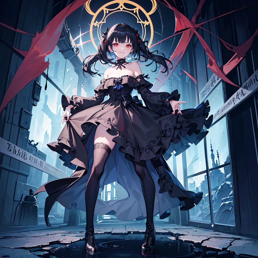 [(church background:1.4)::5],Original,(Illustration:1.1),(Best Quality),(masutepiece:1.1),(the Extremely Detailed CG Unity 8K Wallpapers:1.1), (Colorful:0.9),(mid-shot:0.95),(Full body:1.5),Dynamic Angle,(Solo:1.2), (girl),((Adult)), (Detailed beautiful eyes:1.15), (Beautiful face:1.15), (Glowing red eyes:1.25////),((dark blue long hair)),(Blunt bangs),(low twintails),(+perfect hand+:1.21),(Draw an illustration of a gothic girl),(Religious),(slender),(she has boots on her feet),((Wearing a black dress)),(Furious), Lace Off Shoulder ta Fashion,Beautiful slender woman,((Evil smile)),Dark blue short hair,((Dark blue short hair)),Laugh,