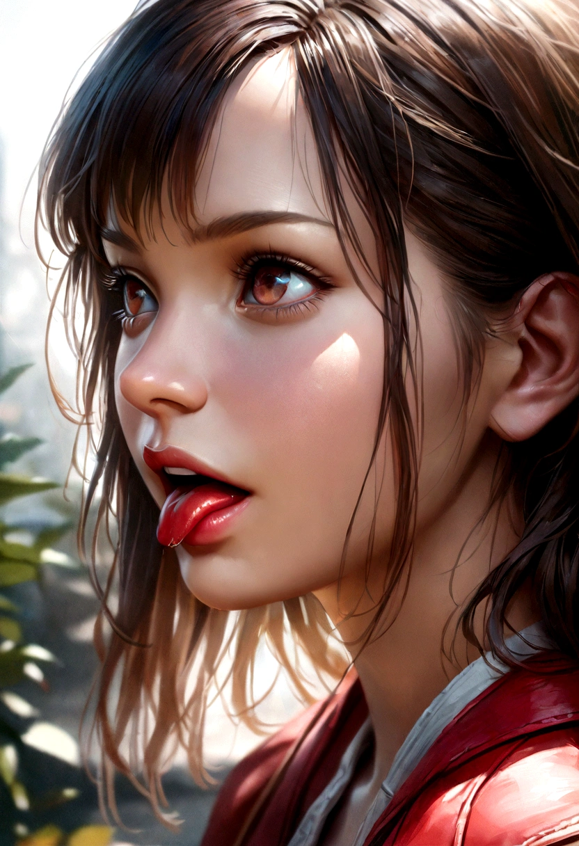 a girl sticking out her tongue,beautiful detailed eyes,beautiful detailed lips,extremely detailed face,extremely detailed face,long eyelashes,white teeth,profile view,intense red tongue,realistic,photorealistic,photorealistic:1.37,(best quality,4k,8k,highres,masterpiece:1.2),ultra detailed,(realistic,photorealistic,photorealistic:1.37),HDR,UHD,vivid color,high-quality portrait