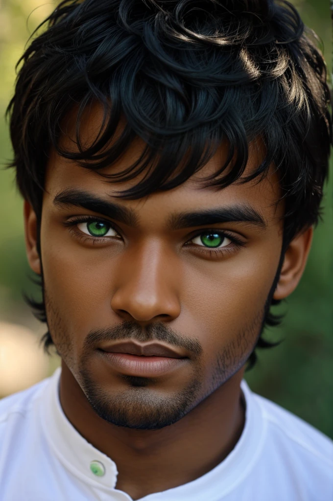 Green eyed boy, dark skin and black hair