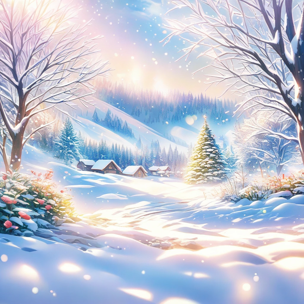 Snow Scene，snow，plant（（（Romantic atmosphere）））（（（fairy tale elements）））（（（masterpiece）））， （（best quality））