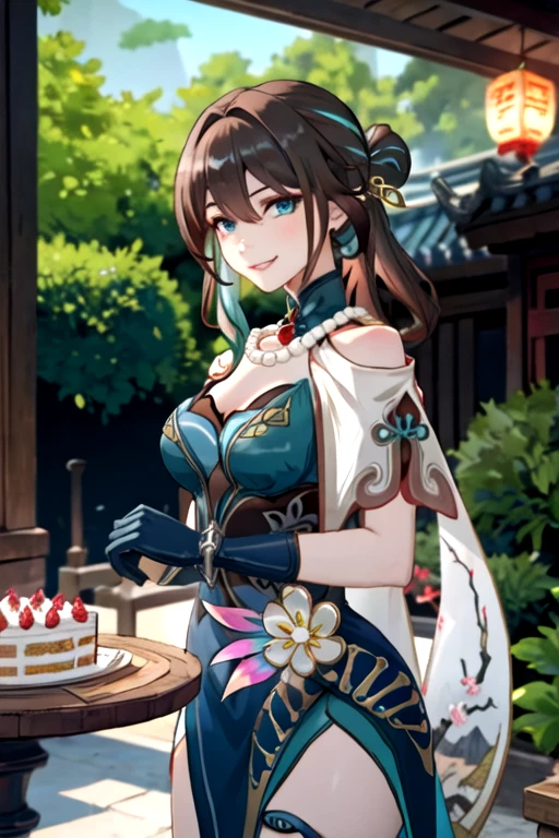 1girl, ruan mei \(honkai: star rail\), solo, china dress, green gloves, hair ornament, detached collar, necklace, capelet, thigh strap, cowboy shot, standing, hand in own hair, floating hair, looking at viewer, light smile, garden, east asian architecture, outdoors, depth of field, table, cake, masterpiece