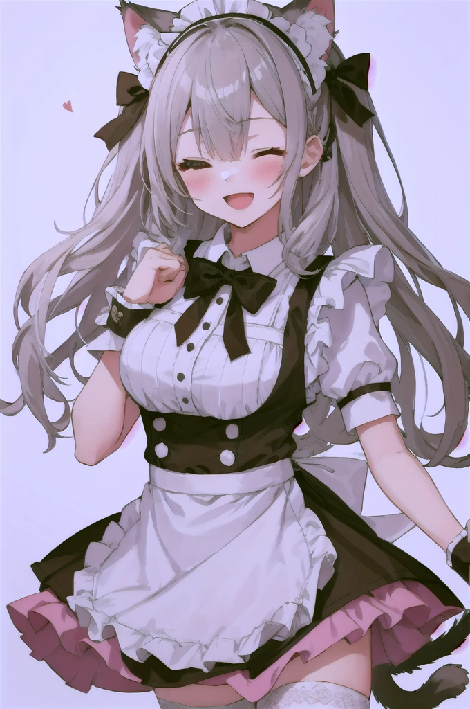 1girl, solo, long hair, breasts, looking at viewer, blush, bangs, simple background, thighhighs, white background, dress, bow, animal ears, very long hair, tail, short sleeves, grey hair, heart, frills, one eye closed, puffy sleeves, cat ears, apron, white thighhighs, two side up, puffy short sleeves, cat tail, animal ear fluff, wrist cuffs, maid, maid headdress, frilled dress, cat girl, pink dress, white apron, frilled apron, heart hands, :d, cute_style