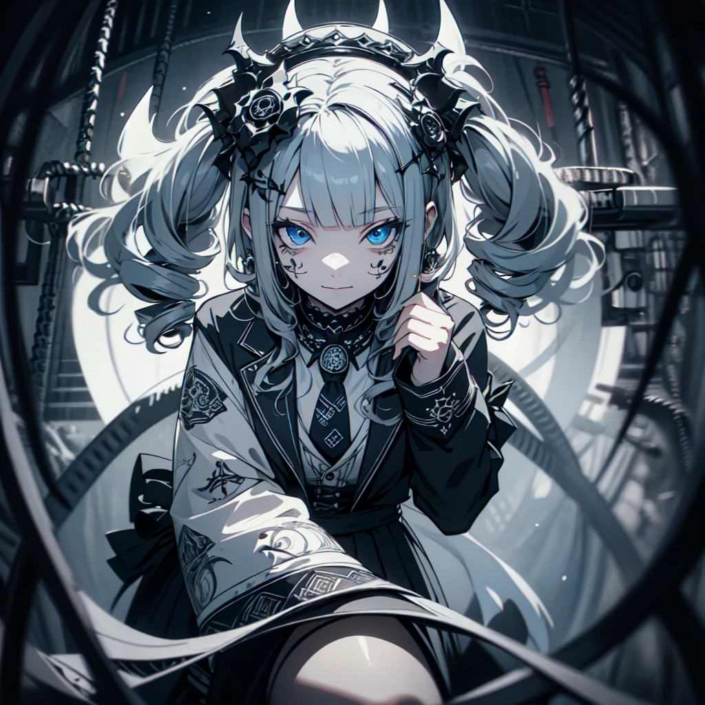 ((super detailed illustration)), (masutepiece, 8K), (Best Quality, High quality), Perfect Anatomy, super detailed, super detailed, perfect design, 20yr old, (((native american girly))), Mature face, short dark hair, sface focus, Adults, business suit, jaket, white shirt, tie, Pants, best qualtiy, Details of face, ((Black hair)), ((tusk)), (((Drill Hair))), ((Blue eyes:1.2)), Big eyes, ((Gothic)), ((Gothic ta)), hair between eye, Buddhist painting, (Beautiful eyes: 1.1), Absurd, super detailed, High resolution, Detailed background, (Art Nouveau: 1.2), flowing lines, organic shape, complex pattern, decorative design, elegant forms, Natural Inspiration, Zentangle Pattern, Structured design, Repeating shapes, Contemplative Drawing, Creative expression, Intricate details,black hair,full body,evil smile,frilled mini skirt,