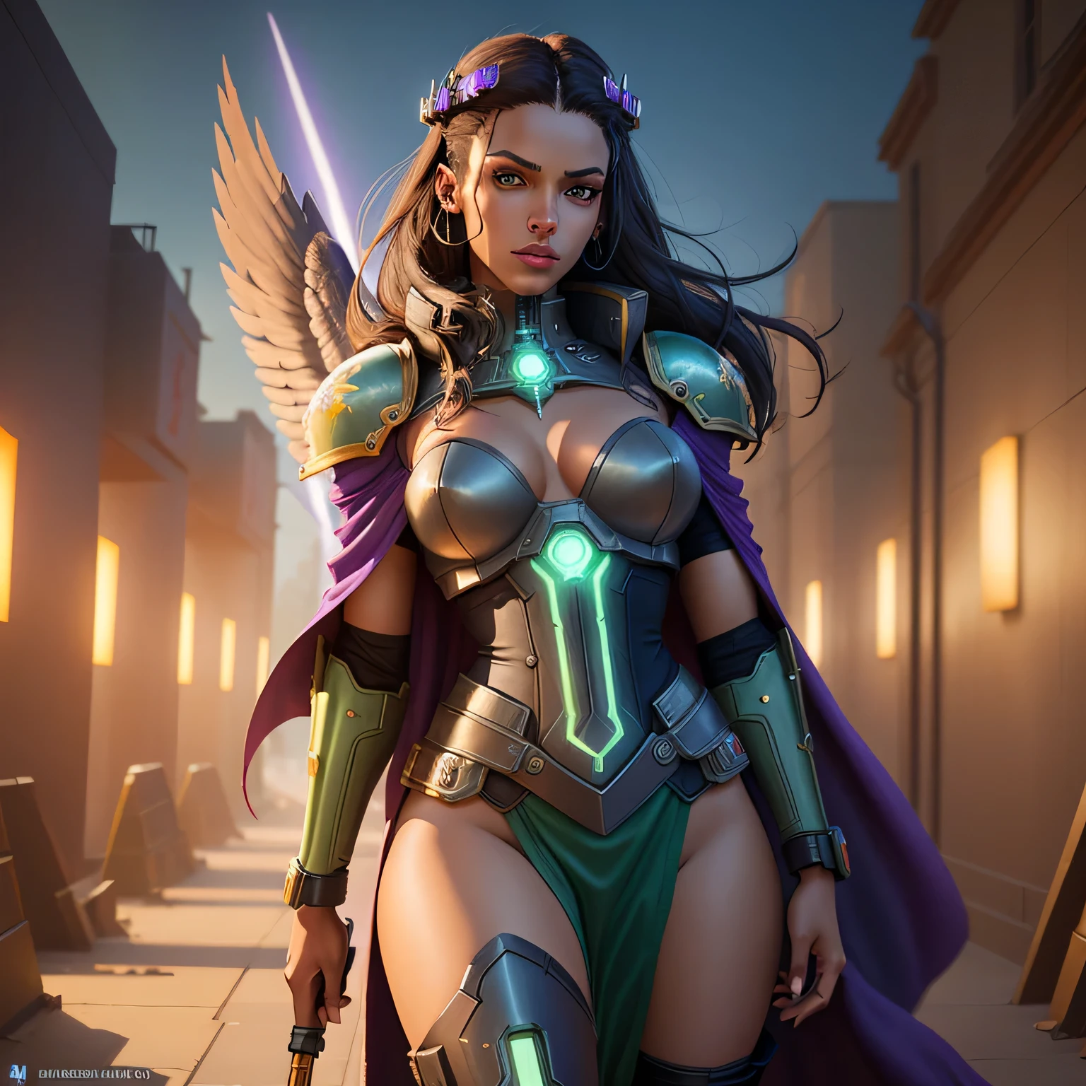 warhammer 40k, cyborg, Sci-fi, black fantasy, kosmos, black girl (dark brown face), Wearing WH40K open purple dress and cape, Wearing chest armor with huge , holding a Roman staff with an eagle on top, detailed green eyes, bblurry, shooting angle, (tight gap:0.5), short and loose hair, Corte de cabelo viking, vibrant green eyes, Charismatic leader, total body length, comic style, por artgerm, Guy Denning, Jakub Rozalski, Magali Villeneuve e Charlie Bowater, cyborg piece on head, cyborg goddess in kosmos with planets and starship background, battlefield fog