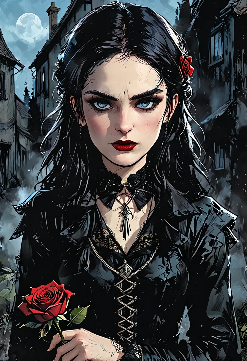 A young goth female bard. pale blue eyes. She has pale skin and wears Victorian-style black clothing with intricate lace details. Her makeup is dark, with black eyeliner and eyeshadow, and her lips are a striking blood-red. is adorned with red roses. She has a thoughtful and melancholic expression on her beautiful face. braided hair. The setting is dark and moody. Full body pose. Graphic style of Roman comics, 2d, 8K, hyper realism, masterpiece, high resolution, best quality, Ultra-detail, super realistic, Hyperrealistic art, good quality, ultrahigh resolution, highest level of detail, lot of details, extremely high resolution details, incredibly lifelike, soft cinematic light, best quality:1.0,hyper-realistic:1.0,photorealestic:1.0,Wahnsinnig detailliertes CG Unity 8K-Hintergrundbild:1.0,masterpiece:1.3,Madly detailed photo:1.2, hyper-realistice, lifelike texture:1.4, Picture book:1.0,8K, headquarters,best quality:1.0,