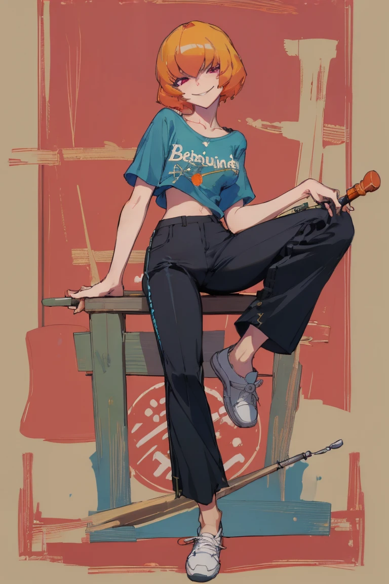 ((Highest quality)), ((masterpiece)), (be familiar with),Clementine,Overload,nsfw,Blue T-shirt,No sleeve,Green Embroidery,White shoes,Fascinating,Black pants,Bewitching Smile,whole body