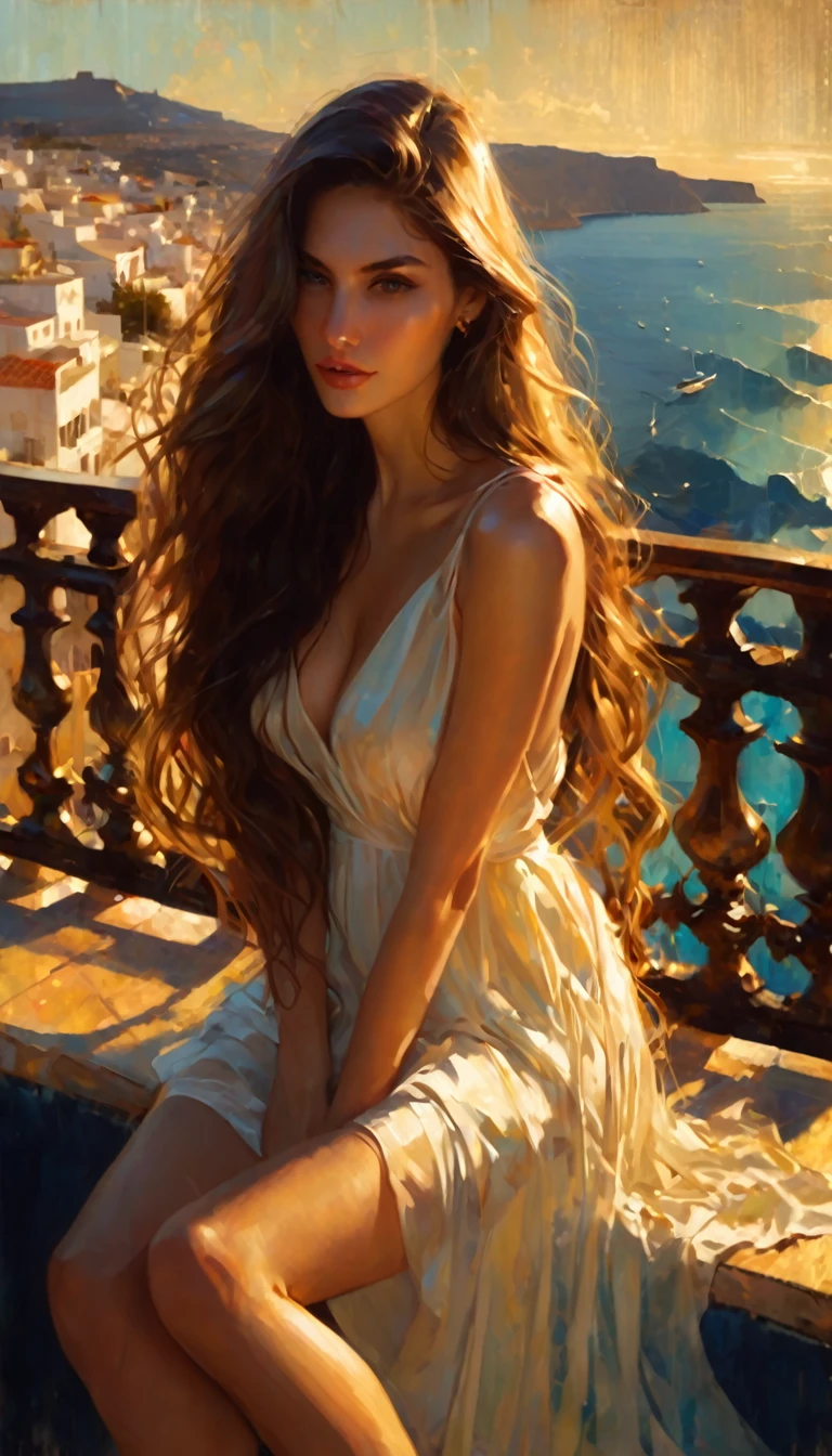 very sexy girl with long hair, wearing an elegant and sexy dress, sitting on a terrace, overlooking the sea of a typical Greek town.1.5, (art inspired in Bill Sienkiewicz). oil painting)