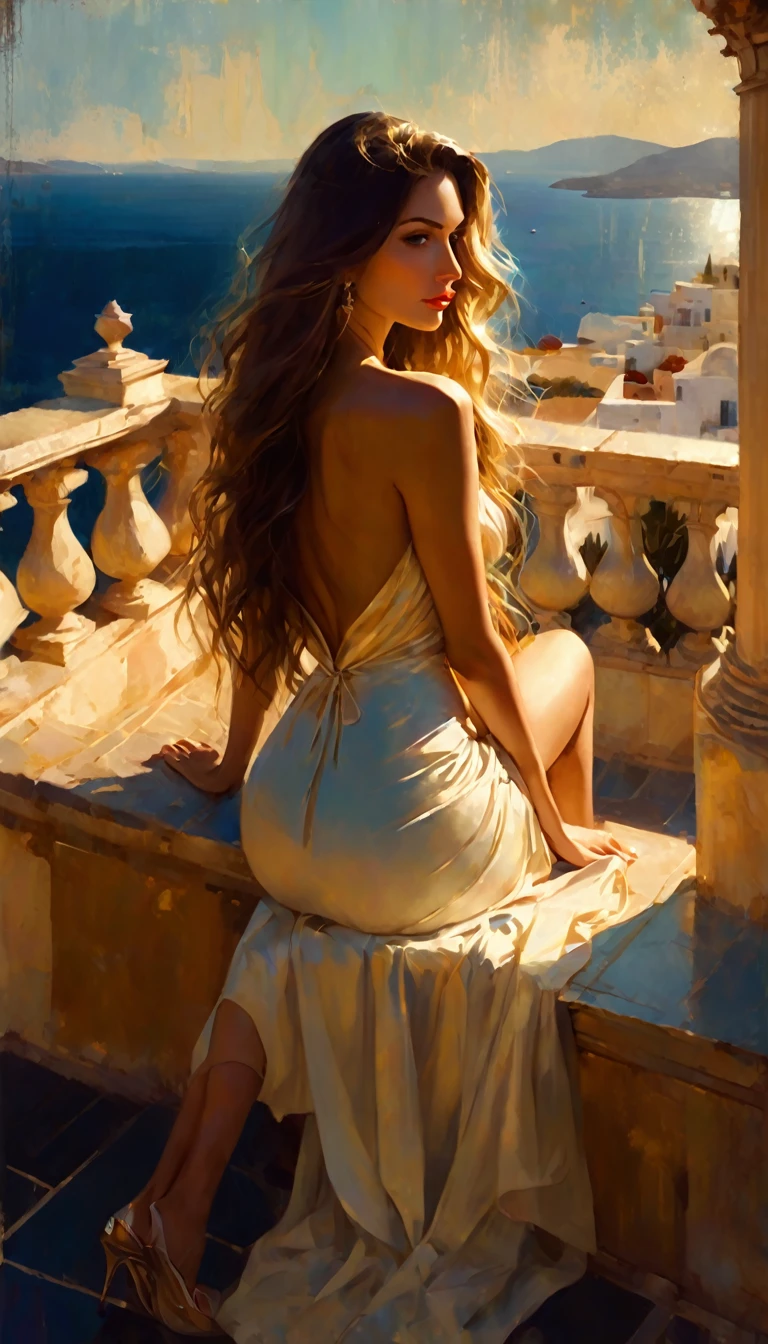 very sexy girl with long hair, wearing an elegant and sexy dress, sitting on a terrace, overlooking the sea of a typical Greek town.1.5, (art inspired in Bill Sienkiewicz). oil painting)
