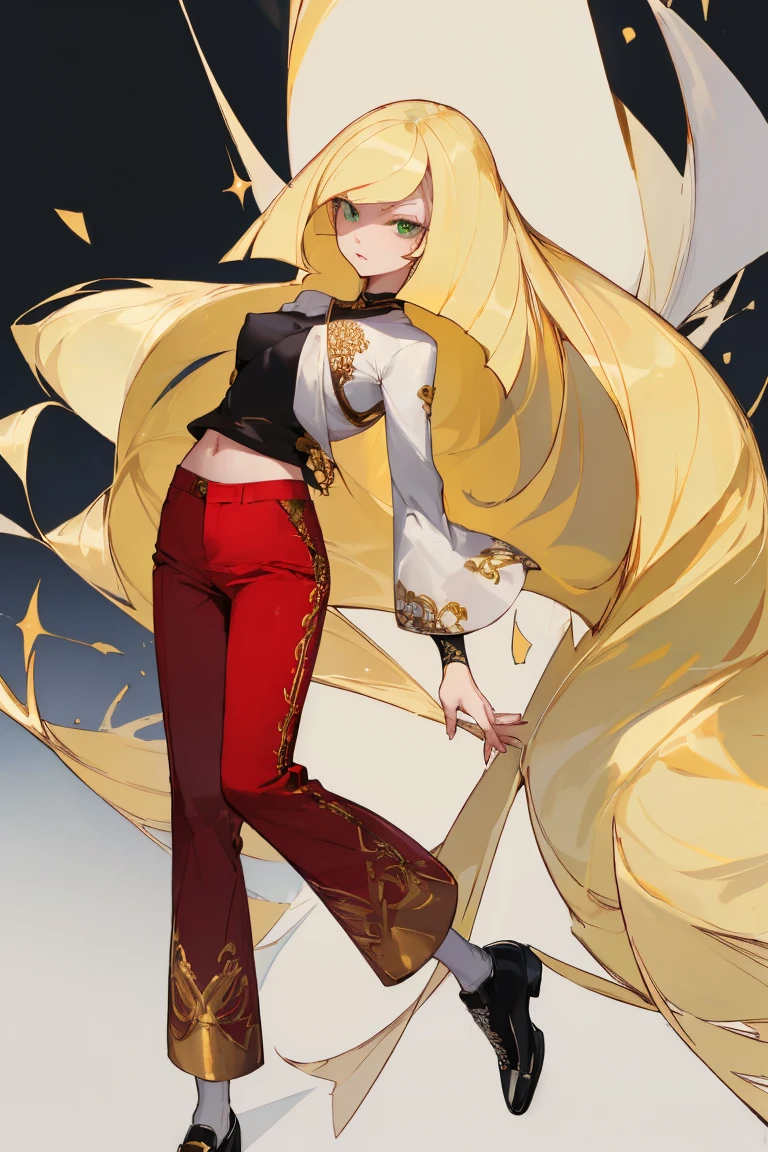 ((Highest quality)), ((masterpiece)), (Familiar), Lusamine,Tattoo,thin,Long blonde hair,Small breasts,Small breasts,Erect nipples,Adult female,Green Eyes,Slanted Eyes,White and black T-shirt,No sleeve,Gold embroidery,Black shoes,Fascinating,Red pants