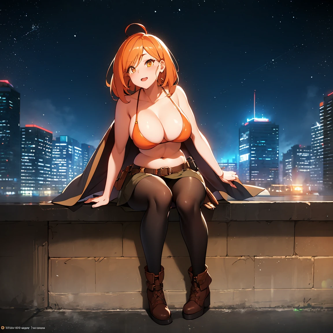orange eyes light,richly faded light orange hair, anime 1girl, no skirt, brown military boots, pouch on the waist belt, khaki bikini, "black tights", "dark_orange knee pad on right leg",( night city:1.4), black long cloak, (good hand:1.5 ) good legs, (Good face: 1.5), 1girl, best hand, no worst hand. (naked), in big city, khaki t-shirt, best face, very good face, hyper detail, colorful, nsfw:1.5