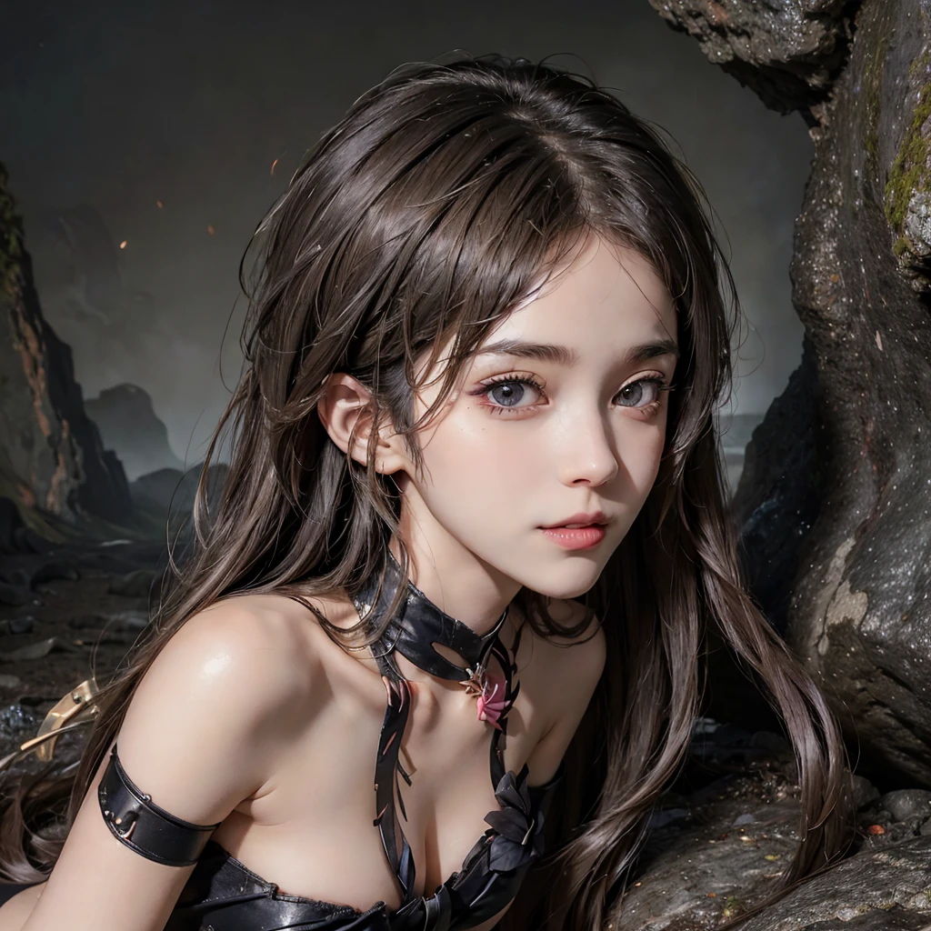 (msterpiece:1.3), (8k, RAW photo, best quality: 1.4), beautiful face, beautiful hairstyle, beautiful detailed eyes, beautiful skin, absurdres, attractive, ultra high res, highly detailed,NSFW, 3 girls in abandoned underground basement, big breast,facial close up,necklace,arms behind back,evil smile,knife,light long hair, ultra detailed skin,Heavy makeup, flower hairpin, naked,colorful patterned JK, dirty ground,lying on a rock,bondage,dirty rock,half body,