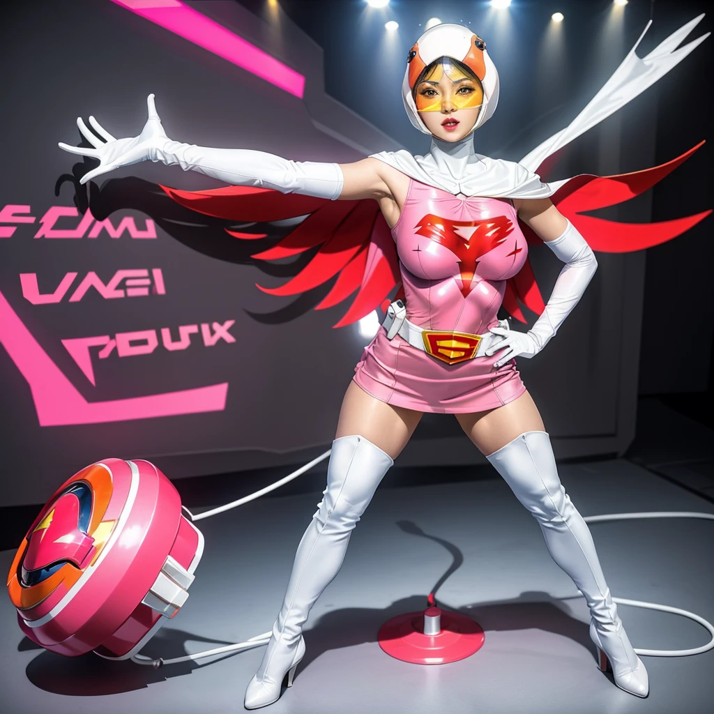 ANI_CLASSIC_jun_gatchaman_ownwaifu,1girl, ,good anatomy, masterpiece, best quality, realistic, hyper realistic, 16k hdr,large breasts, lipstick, makeup, gloves, cape, helmet, belt, elbow gloves, white gloves, mask, ultra miniskirt, leotard, spacesuit, white tight overknee highheel boots, pink dress, superhero, bodysuit, cleavage, erected nipples(stand pose,hands on hip),(spread legs:1.1),cameltoe