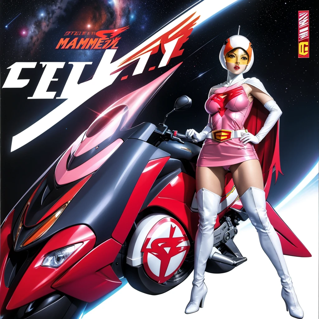 ANI_CLASSIC_jun_gatchaman_ownwaifu,1girl, ,good anatomy, masterpiece, best quality, realistic, hyper realistic, 16k hdr,large breasts, lipstick, makeup, gloves, cape, helmet, belt, elbow gloves, white gloves, mask, ultra miniskirt, leotard, spacesuit, white tight overknee highheel boots, pink dress, superhero, bodysuit, cleavage, erected nipples(stand pose,hands on hip),(spread legs:1.1),cameltoe