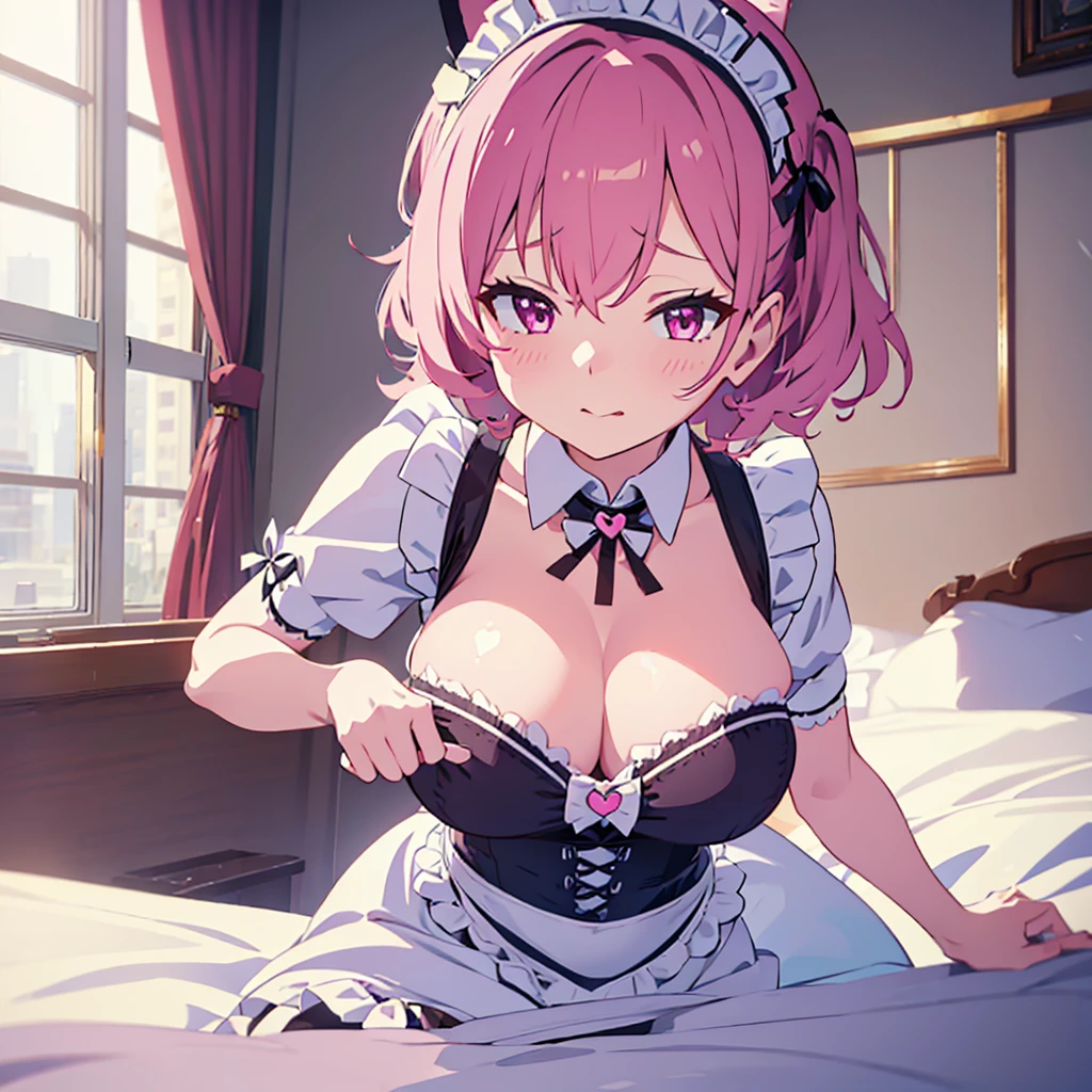 ((masterpiece)), ((best quality:1.2)), ((highly detailed)), (original), ((delicate background)), ((extremely detailed 8K wallpaper)), sweet, depth of field, fantasy,
BREAK
((1girl)), ((solo)), cute girl, anime waifu girl, 20 years old, shiny skin,
BREAK
maid, ((classic maid dress)), ((wearing edgcatlingerie)), cat cutout, cleavage cutout, lots of frills, ((huge breasts)),
BREAK
curly hair, faint pink hair, short hair,
BREAK
((heart-shaped eyes)), pink eyes, tongue out, blush, sweating,
BREAK
full body shot, ((on the bed)),