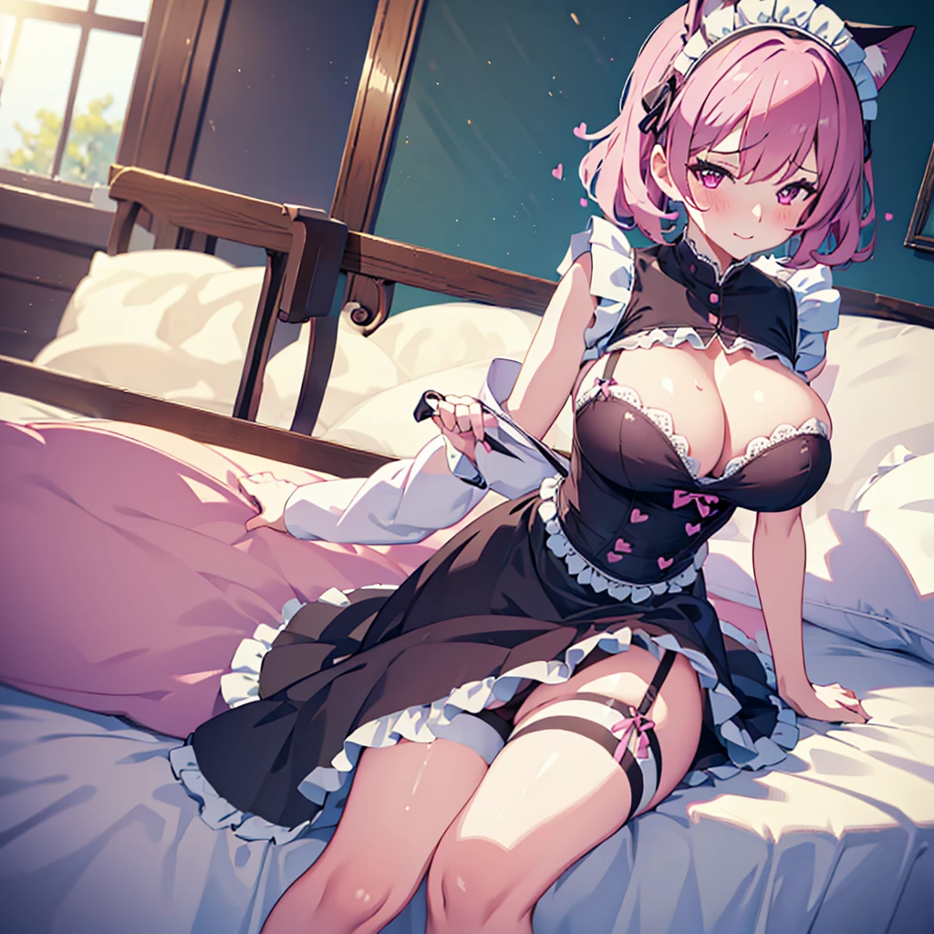 ((masterpiece)), ((best quality:1.2)), ((highly detailed)), (original), ((delicate background)), ((extremely detailed 8K wallpaper)), sweet, depth of field, fantasy,
BREAK
((1girl)), ((solo)), cute girl, anime waifu girl, 20 years old, shiny skin,
BREAK
maid, ((classic maid dress)), ((wearing edgcatlingerie)), cat cutout, cleavage cutout, lots of frills, ((huge breasts)),
BREAK
curly hair, faint pink hair, short hair,
BREAK
((heart-shaped eyes)), pink eyes, tongue out, blush, sweating,
BREAK
full body shot, ((on the bed)),