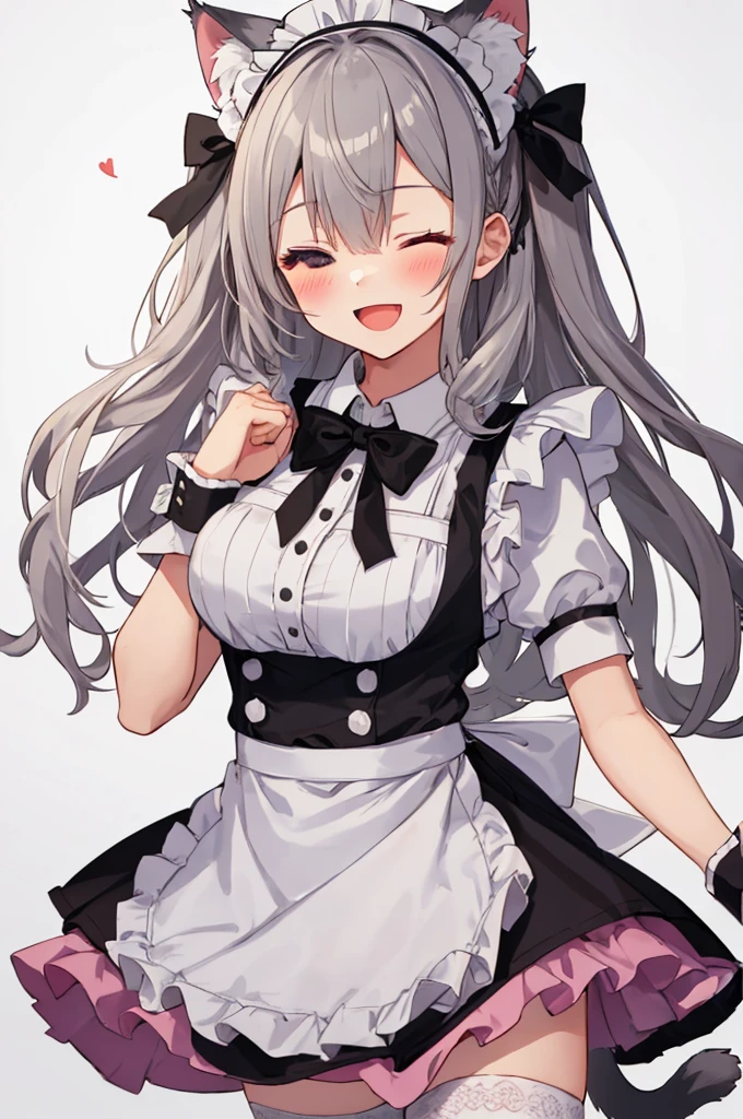 1girl, solo, long hair, breasts, looking at viewer, blush, bangs, simple background, thighhighs, white background, dress, bow, animal ears, very long hair, tail, short sleeves, grey hair, heart, frills, one eye closed, puffy sleeves, cat ears, apron, white thighhighs, two side up, puffy short sleeves, cat tail, animal ear fluff, wrist cuffs, maid, maid headdress, frilled dress, cat girl, pink dress, white apron, frilled apron, heart hands, :d, cute_style