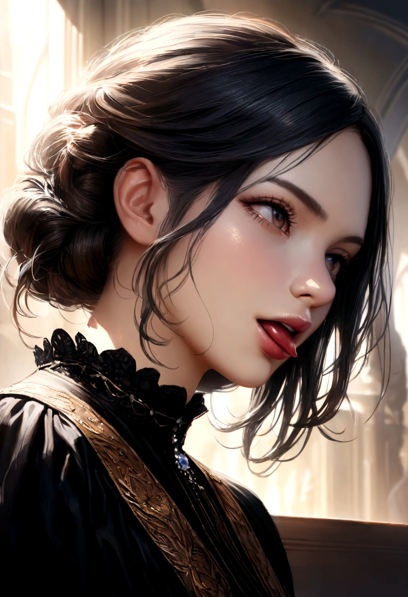 a girl sticking out her tongue,beautiful detailed eyes,beautiful detailed lips,extremely detailed face,extremely detailed face,long eyelashes,white teeth,profile view,intense red tongue,realistic,photorealistic,photorealistic:1.37,(best quality,4k,8k,highres,masterpiece:1.2),ultra detailed,HDR,UHD,vivid color,high-quality portrait