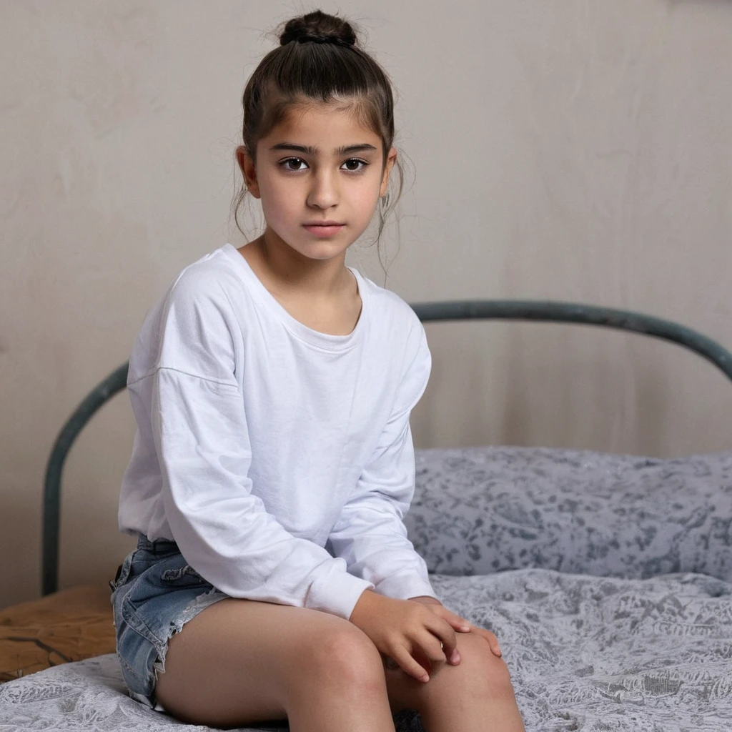 Ponytail hair Kurdish with sitting on bed tin body Short