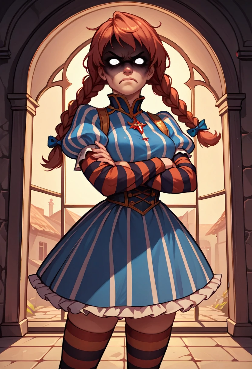 solo, 1girl, ffwendys, shaded face, disgusted, looking at viewer, crossed arms, twin braids, striped dress, striped sleeves, puffy sleeves, striped thighhighs, masterpiece, best quality, rating: general, newest 