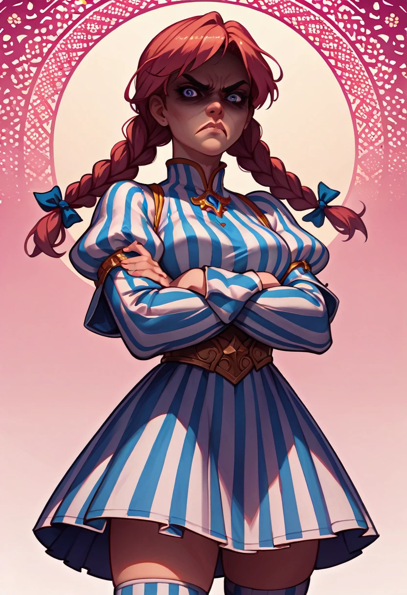 solo, 1girl, ffwendys, shaded face, disgusted, looking at viewer, crossed arms, twin braids, striped dress, striped sleeves, puffy sleeves, striped thighhighs, masterpiece, best quality, rating: general, newest 