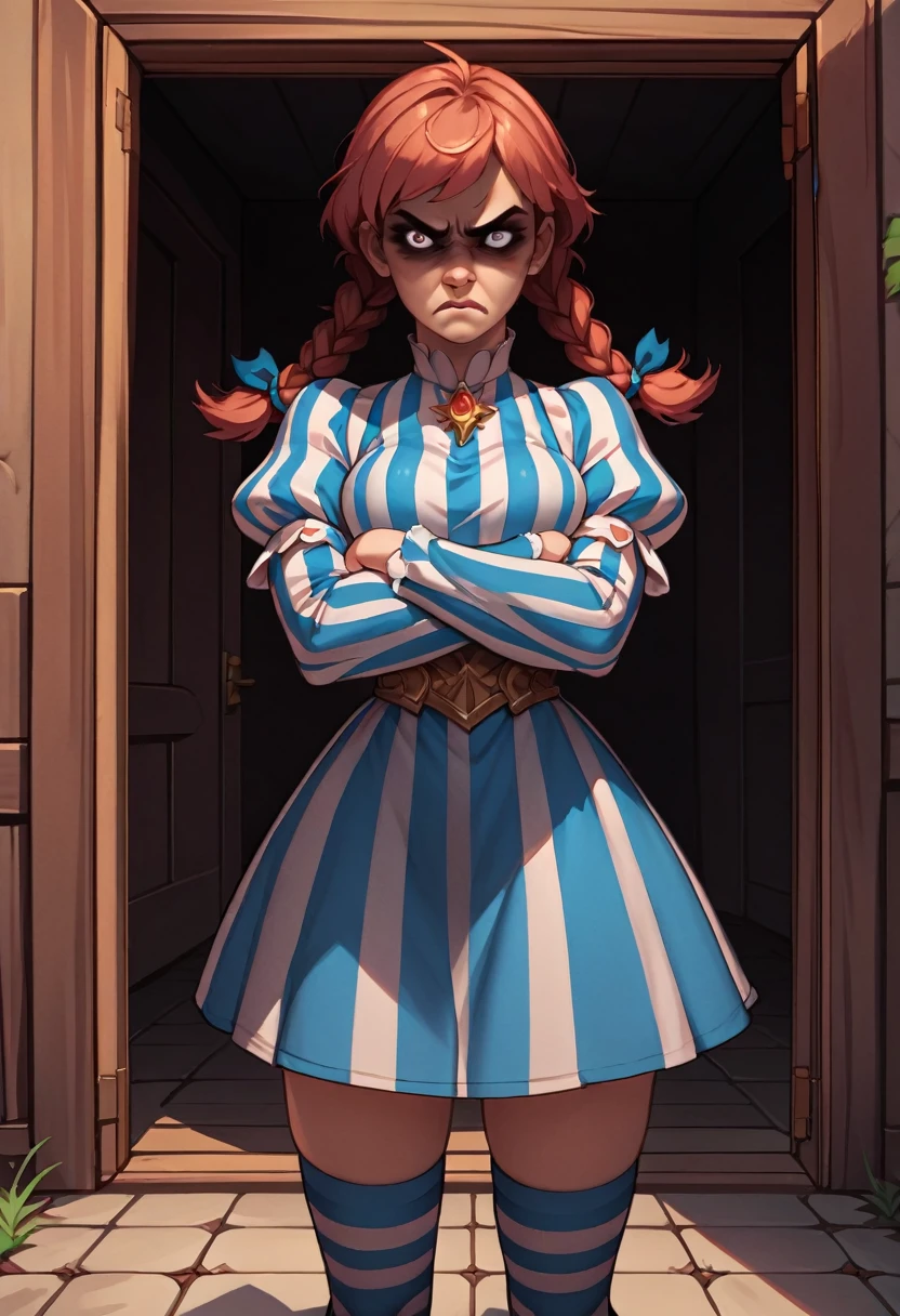 solo, 1girl, ffwendys, shaded face, disgusted, looking at viewer, crossed arms, twin braids, striped dress, striped sleeves, puffy sleeves, striped thighhighs, masterpiece, best quality, rating: general, newest 