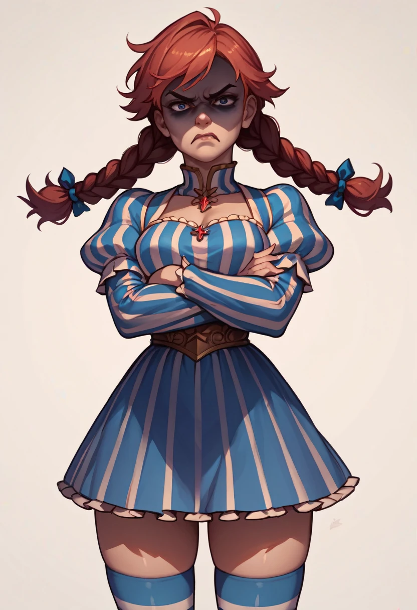 solo, 1girl, ffwendys, shaded face, disgusted, looking at viewer, crossed arms, twin braids, striped dress, striped sleeves, puffy sleeves, striped thighhighs, masterpiece, best quality, rating: general, newest 