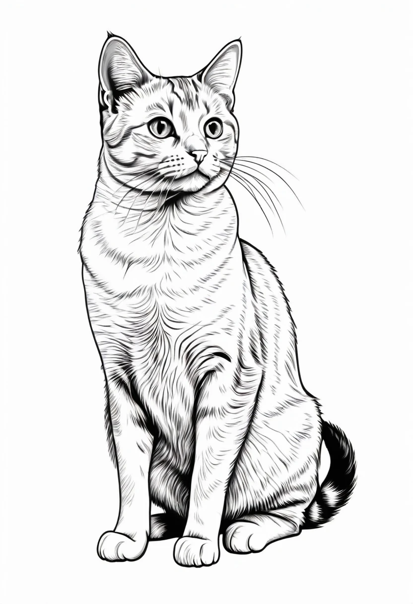 A black and white illustration of a cat drawn with simple and clear black lines on a white background. The cat is sitting and looking up, with a friendly and curious expression. Clean and detailed lines, suitable for colouring, hd quality, natural look