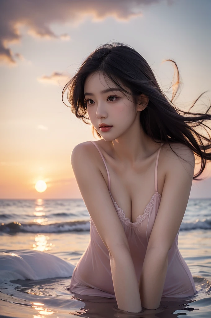 a beautiful young woman, full body shot, floating in the ocean, soft focus, extremely detailed face and eyes, flawless skin, long eyelashes, delicate features, serene expression, cut lighting, warm color tones, photorealistic, 8k, best quality, masterpiece. wearing (black) Nightie. sunset. sexy pose. pink skin.