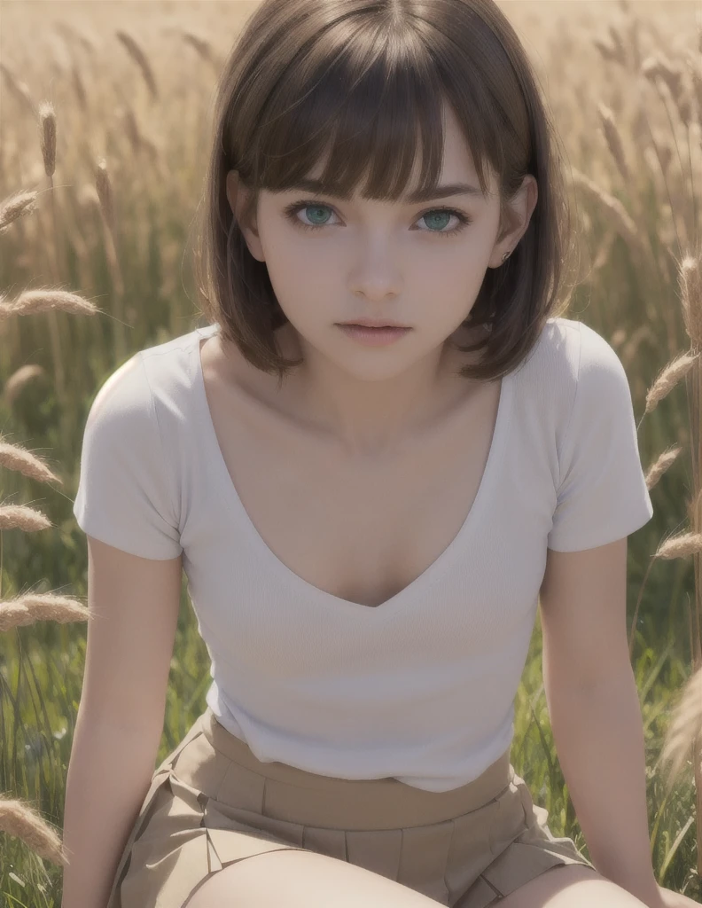 a slim, small-waisted girl with flat chest and perky breasts, bangs, short brown hair with sidelocks and blunt bangs, green eyes, detailed eyes, wearing a light white shirt with short sleeves and a pleated light high waisted micro skirt, sitting in a field of wheat, sweat, (best quality,4k,8k,highres,masterpiece:1.2),ultra-detailed,(realistic,photorealistic,photo-realistic:1.37),HDR,UHD,studio lighting,ultra-fine painting,sharp focus,physically-based rendering,extreme detail description,professional,vivid colors,bokeh,portraits