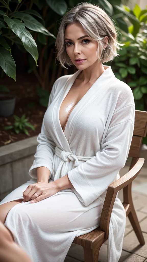 Realistic portrait of a mature woman, 60 years old, grey hair, medium casual hair, Bob hair, wearing White Bathrobe elegant motif . Location of the most beautiful rivers. She should have a natural appearance, curvaceous forms, blue eyes, grayblondehair, smile, Shoot this image in high resolution with a 35mm lens to get a good perspective. Sitting on the chair with coffee, outdoor, body full of soap suds, she Screaming loudly in fear, Lip bitten,