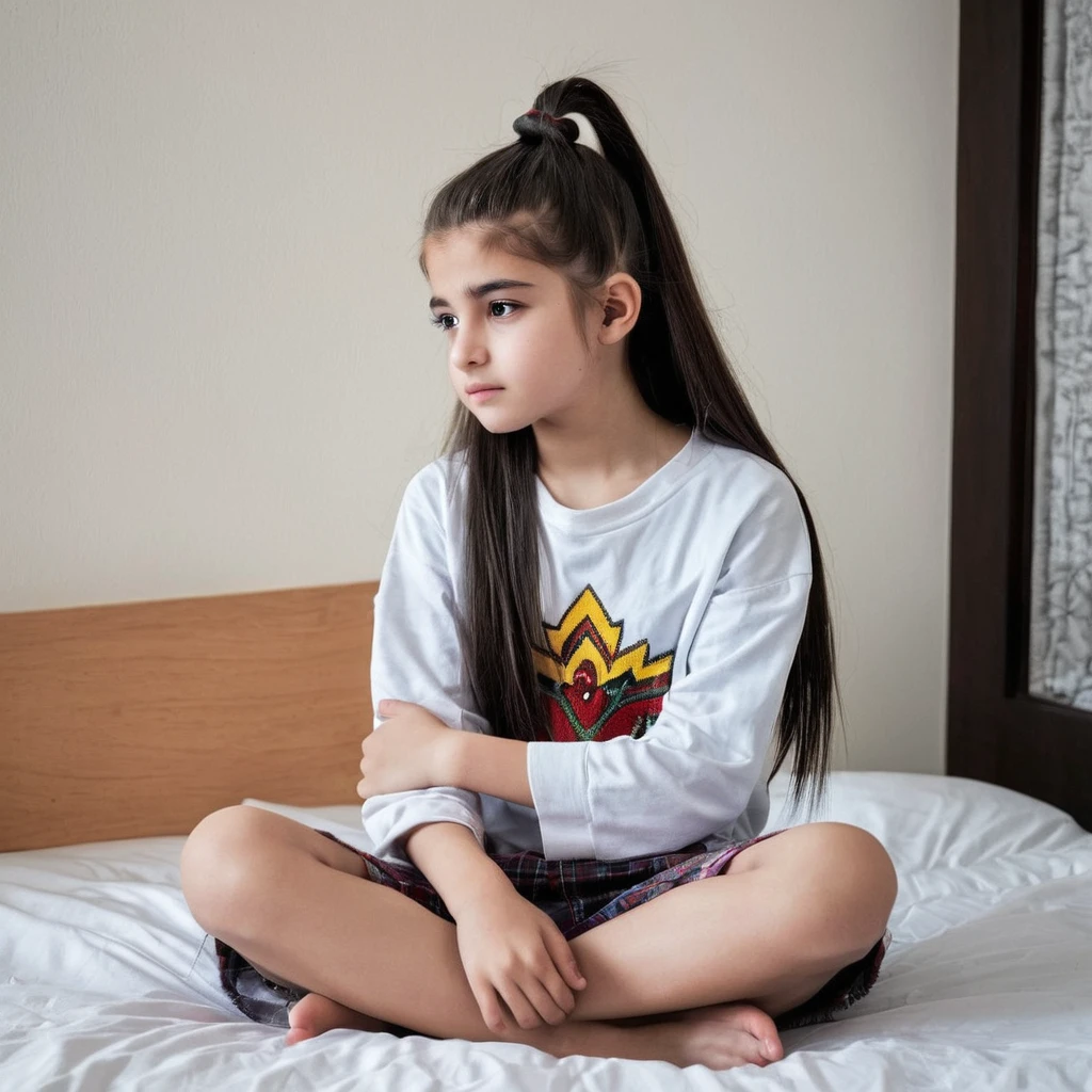 Ponytail hair Kurdish  with sitting on bed tin body Short 