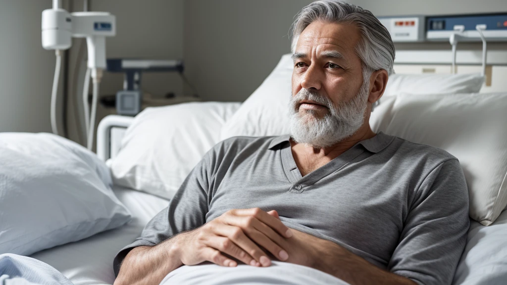 /In a hospital bed, a 60-year-old man, with a tired appearance, elegant man, gray hair, gray beard, a rich man, wearing hospital clothes, high definition image, 4k image, image quality.