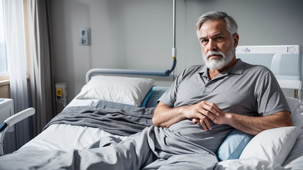 /In a hospital bed, a 60-year-old man, with a tired appearance, elegant man, gray hair, gray beard, a rich man, wearing hospital clothes, high definition image, 4k image, image quality.