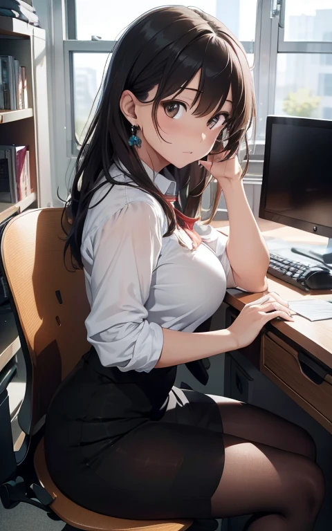absurderes:2.0、 from side:1.3, (best quality), (intricate detailed), (Hyperrealistic), Front Light、highly detailed, detailed background, illustration, 1girl, perfect hands, detailed fingers, beautiful detailed eyes, perfect eyes, seductive eyes, milf, mature woman, brown eyes, CEO, (office clothes:1.2),pencil skirt , pantyhose, earrings, a woman in the office room, serious、sit in an office chair, Stern
