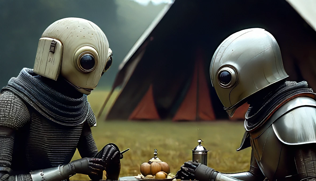 In portrait, characters inspired by the Start Wars universe by Ralph McQuarrie and Anton Semenov, Wayne Barlowe in a Middle Ages setting, as robots, exotic alien beings interacting with people, inspired by Hieronymus Bosch and Shaun Tan. Directed by George Lucas. ((cinematic film)), ultra detailed, intricate, sharp focus, object texture, Studio photo, detalhes intricates, highly detailed, in Real Photo style, hyper-realistic, High dynamic range, rich colors, Realistic textures, 8K uhd , high color depth, Nikon D 850 |, Porta Kodak 400, fujifilm XT |