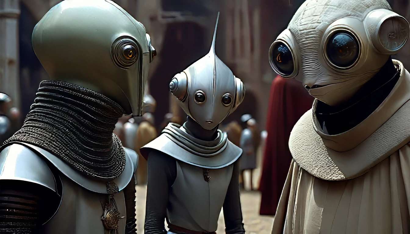 In portrait, characters inspired by the Start Wars universe by Ralph McQuarrie and Anton Semenov, Wayne Barlowe in a Middle Ages setting, as robots, exotic alien beings interacting with people, inspired by Hieronymus Bosch and Shaun Tan. Directed by George Lucas. ((cinematic film)), ultra detailed, intricate, sharp focus, object texture, Studio photo, detalhes intricates, highly detailed, in Real Photo style, hyper-realistic, High dynamic range, rich colors, Realistic textures, 8K uhd , high color depth, Nikon D 850 |, Porta Kodak 400, fujifilm XT |