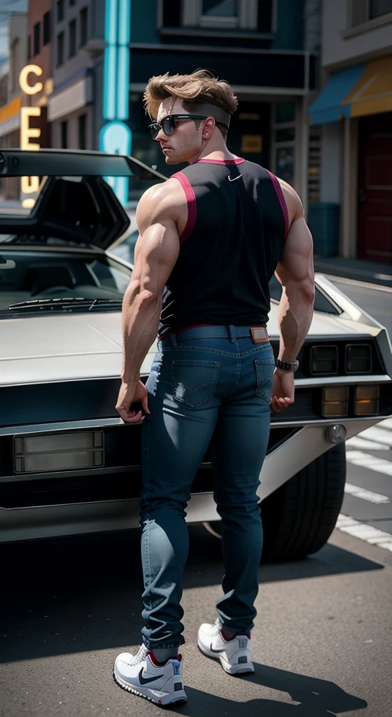 Full body muscular Marty Mcfly color drawning high-definition, using Nike Air MAG Back to the Future, holding a dumbbell, Perfect nose, wearing Aviator Style Sunglasses, using jeans pants, next to show silver Delorean car with perfect details from the movie " back to the future", Venice Beach city background, inside the neon circle, high definition.