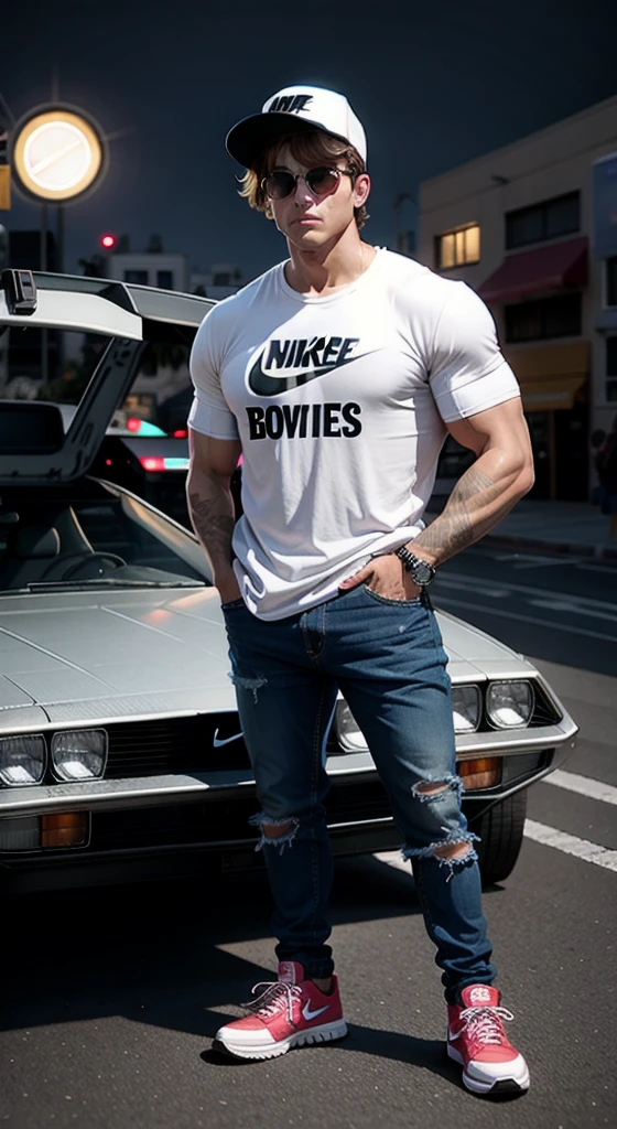Full body muscular Marty Mcfly color drawning high-definition, using Nike Air MAG Back to the Future, holding a dumbbell, Perfect nose, wearing Aviator Style Sunglasses, using jeans pants, next to show silver Delorean car with perfect details from the movie " back to the future", Venice Beach city background, inside the neon circle, high definition.