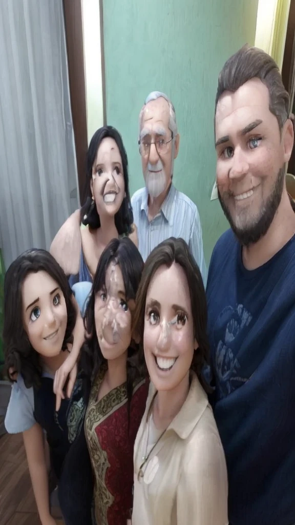 Candid group photo featuring six people standing indoors against a light green wall. In the group, they're all Brazilians. The group includes three women, two men, and one young girl. The young girl, positioned at the front left, has medium-length dark hair and a cheerful expression. The woman next to her has long dark hair and is wearing a red and gold patterned top. The woman in the center has shoulder-length dark hair and is smiling broadly. The older man in the back has short white hair and is wearing glasses and a light blue shirt. The woman next to him has long dark hair and is wearing a sleeveless top. The man on the right has short dark red hair, a beard, and is wearing a dark blue t-shirt. All individuals have light to medium skin tones and are smiling at the camera. The background includes a partially visible door and a curtain. Make it 3D animation style, vertical to be a phone wallpaper.