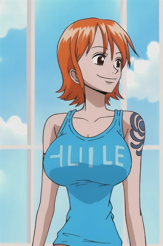 nami, 1girl, solo, breasts, smile, short_hair, large_breasts, shirt, bare_shoulders, brown_eyes, closed_mouth, collarbone, upper_body, sky, sleeveless, day, cloud, indoors, orange_hair, blue_sky, window, sleeveless_shirt, tattoo, parody, tank_top, clothes_writing, shoulder_tattoo, open_window