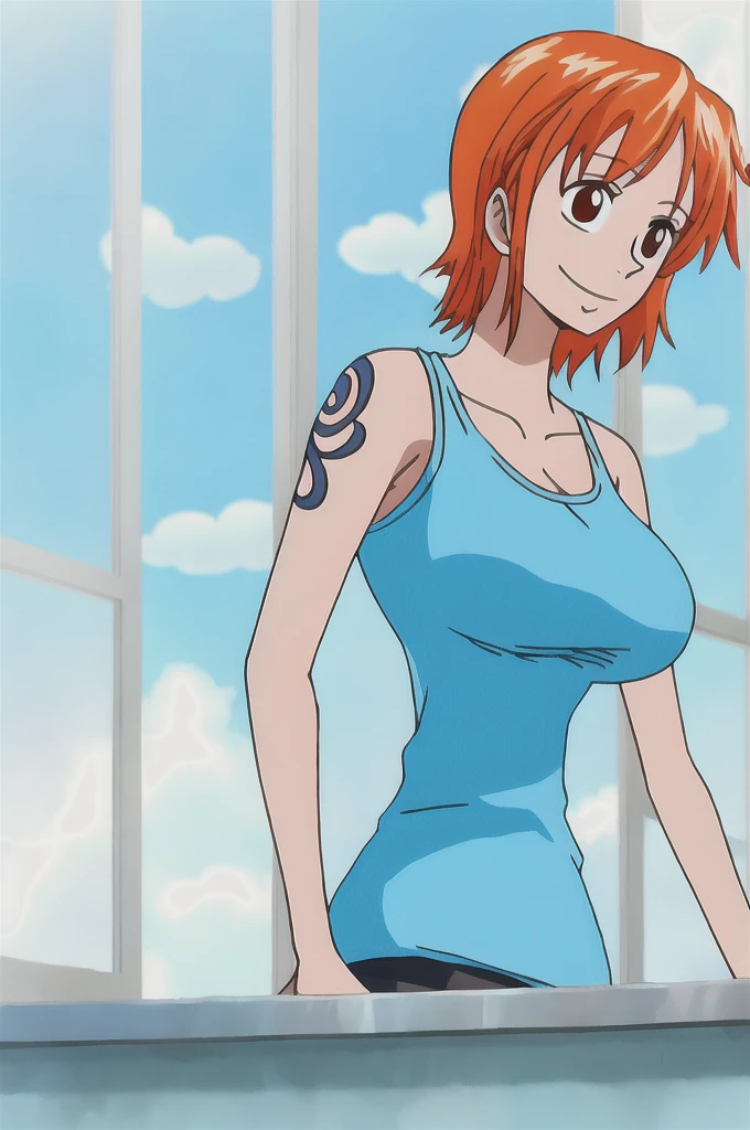 nami, 1girl, solo, breasts, smile, short_hair, large_breasts, shirt, bare_shoulders, brown_eyes, closed_mouth, collarbone, upper_body, sky, sleeveless, day, cloud, indoors, orange_hair, blue_sky, window, sleeveless_shirt, tattoo, parody, tank_top, clothes_writing, shoulder_tattoo, open_window