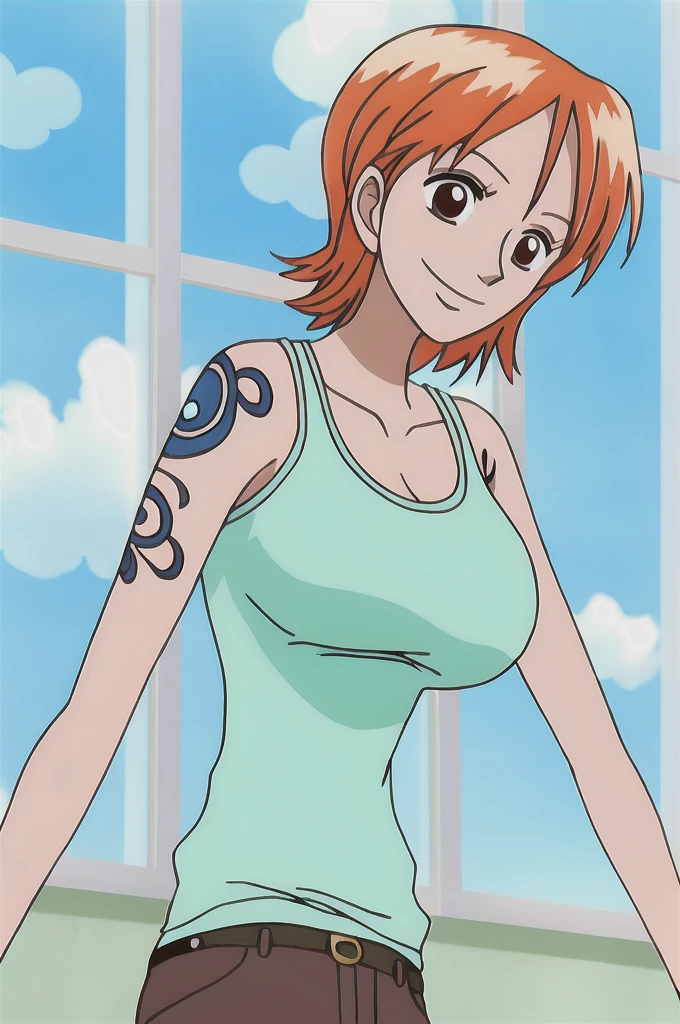 nami, 1girl, solo, breasts, smile, short_hair, large_breasts, shirt, bare_shoulders, brown_eyes, closed_mouth, collarbone, upper_body, sky, sleeveless, day, cloud, indoors, orange_hair, blue_sky, window, sleeveless_shirt, tattoo, parody, tank_top, clothes_writing, shoulder_tattoo, open_window